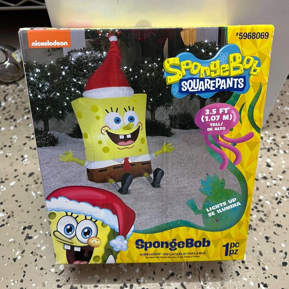 SpongeBob Squarepants Airblown Light Up‎ Inflatable 3.5ft Santa Hat Christmas